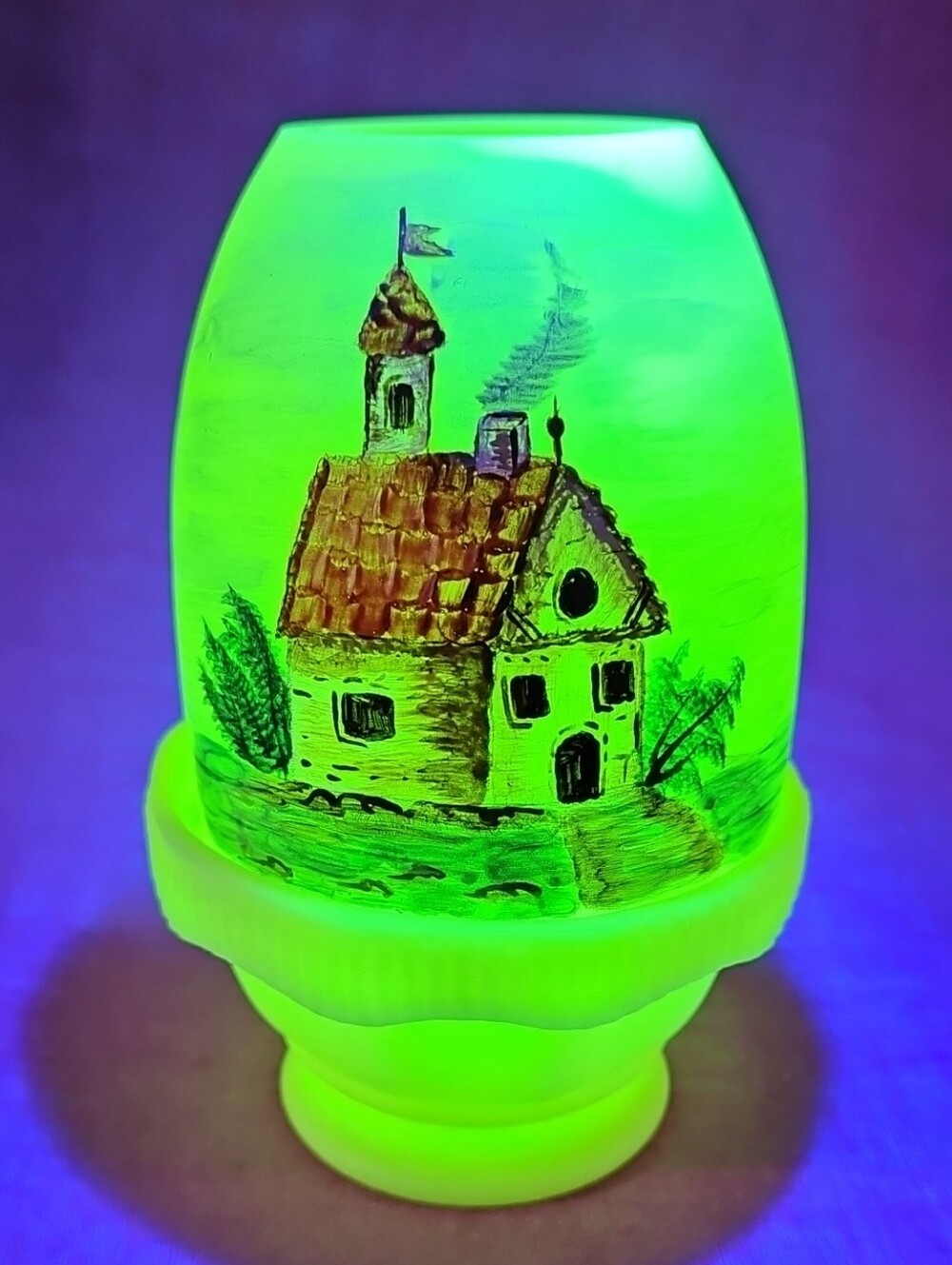 OOAK Rare Ann Fenton Hand-Painted Uranium Glass Fairy Lamp - Vibrant Glow!